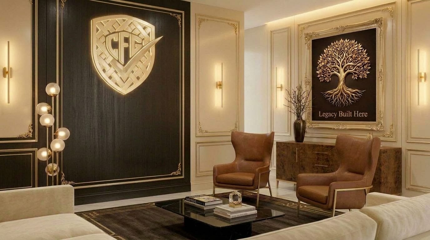 Private CFG client suite with warm walnut, cream, black and gold finishes — a setting for important financial conversations.