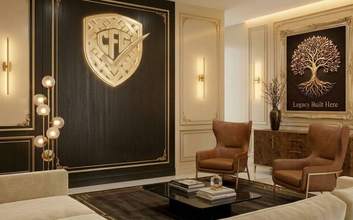 Architectural threshold and illuminated CFG crest inside the private client suite.
